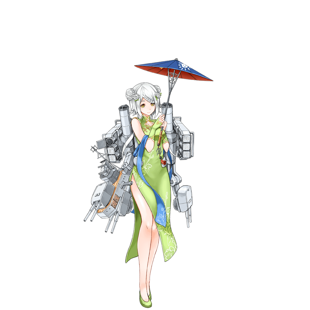 1girl, cannon, china_dress, chinese_clothes, chongqing_(zhan_jian_shao_nyu), double_bun, dress, fingerless_gloves