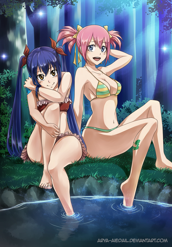 2girls, arya, bikini, blue_eyes, blue_hair, breasts, brown_eyes, cleavage