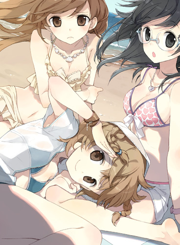 annyeong_we_are_peanuts, barefoot, beach, bikini, glasses, heart, heart_print, multiple_girls