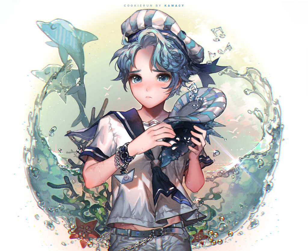 1boy, belt, blue_eyes, blue_hair, blush, bubble, cookie_run, denim, dolphin, kawacy, musical_note, paper_boat_sailor, peppermint_cookie, sailor, short_sleeves, solo, underwater