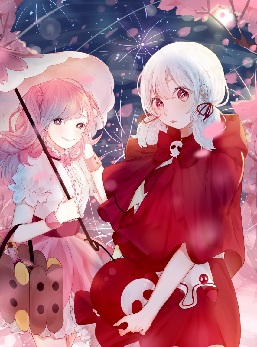 2girls, apron, blush, bow, capelet, cherry_blossom_cookie, cherry_bomb, cherry_cookie