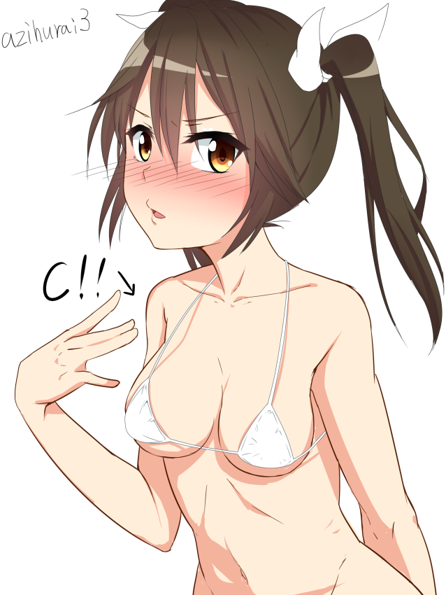 1girl, arm_behind_back, artist_name, azihurai, bikini_top, blush, bottomless, brown_eyes, brown_hair, hair_ribbon, kantai_collection, looking_at_viewer, midriff, navel, parted_lips, ribbon, solo, tone_(kantai_collection), twintails