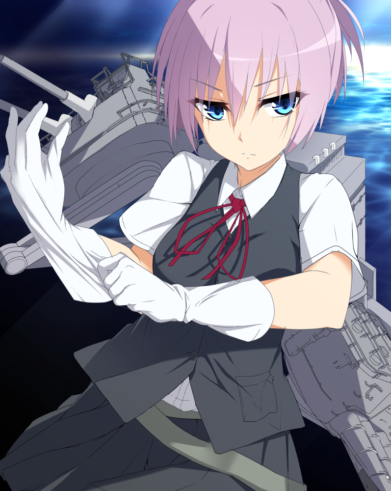 1girl, azihurai, blue_eyes, glove_pull, gloves, kantai_collection, machinery, pink_hair