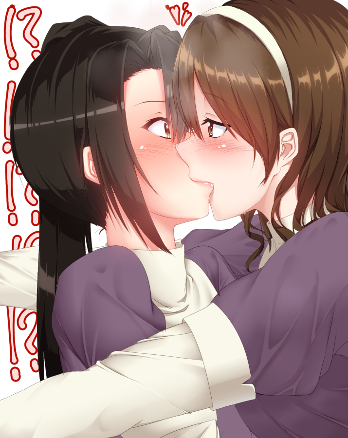 !?, 2girls, ashigara_(kantai_collection), azihurai, black_hair, blush, brown_eyes, brown_hair, hairband, heart, kantai_collection, kiss, long_hair, multiple_girls, nachi_(kantai_collection), red_eyes, side_ponytail, yuri