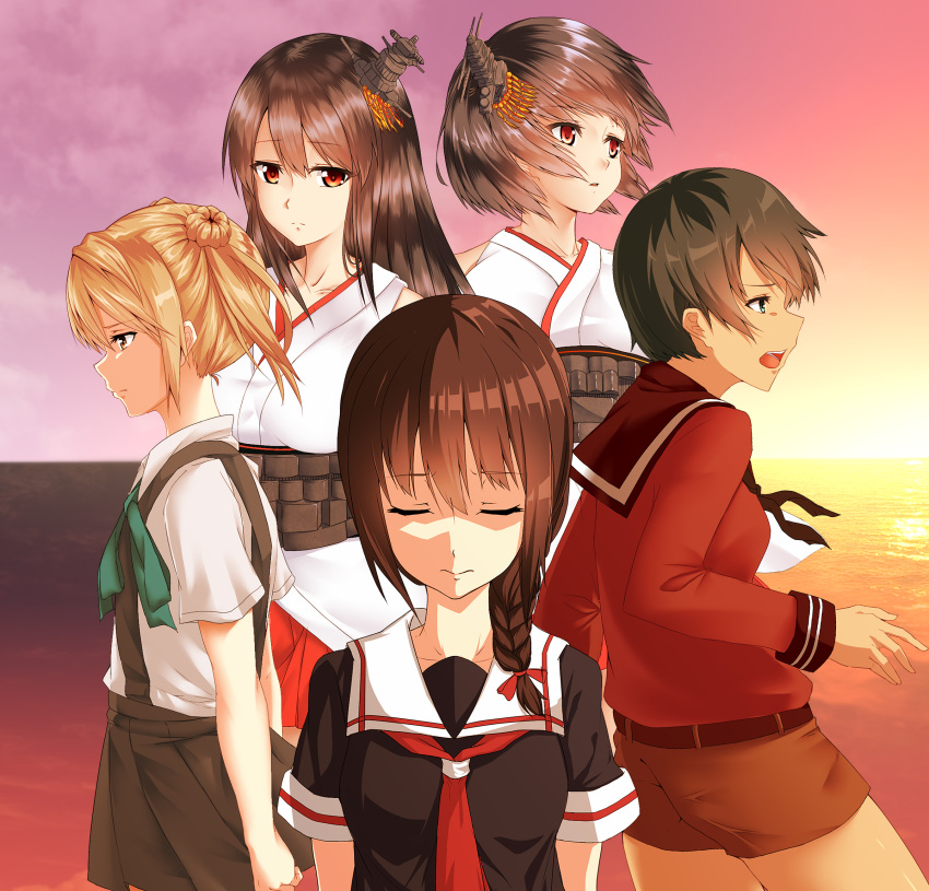 5girls, aqua_eyes, azihurai, black_hair, braid, brown_eyes, brown_hair, closed_eyes