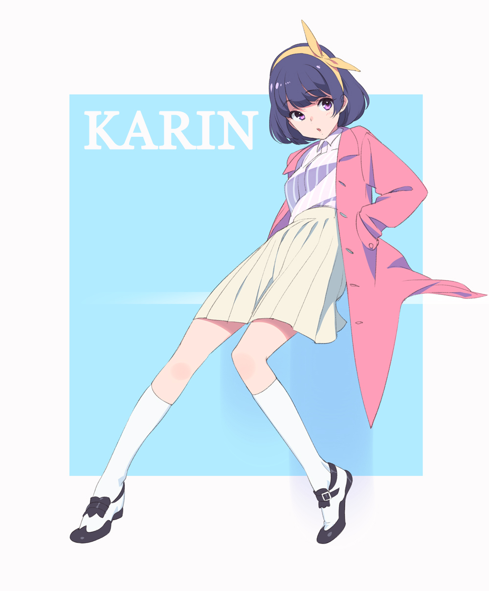 1girl, :o, akeboshi_karin, bangs, blue_background, blue_hair, buckle, character_name