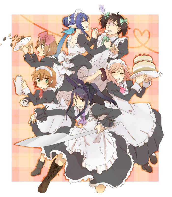 3girls, animal_ears, apron, bad_id, black_eyes, black_hair, blue_hair, boots
