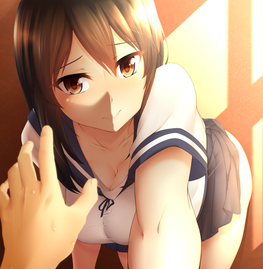 1girl, azihurai, bent_over, black_hair, blush, breasts, brown_eyes, cleavage