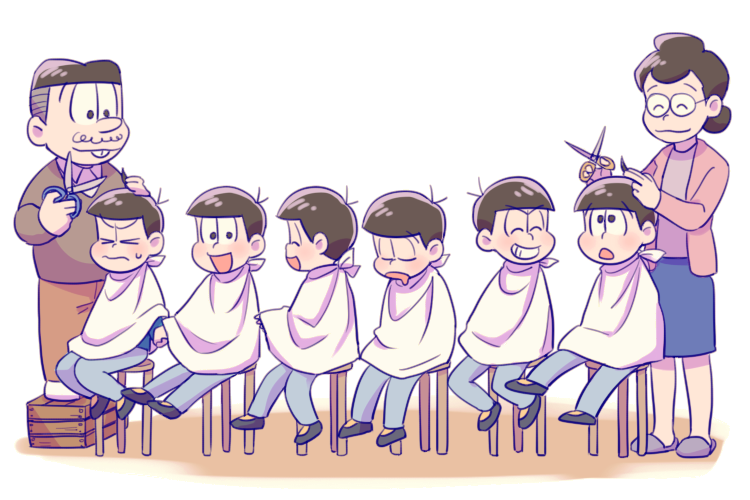 >_<, 1girl, 6+boys, :3, :o, ^_^, ag_(dkd_wnl), ahoge, black_hair, blush, brothers, buck_teeth, child, closed_eyes, closed_mouth, cutting_hair, drooling, facial_hair, family, glasses, grin, holding_hands, lineup, long_sleeves, looking_at_another, matsuno_choromatsu, matsuno_ichimatsu, matsuno_juushimatsu, matsuno_karamatsu, matsuno_matsuyo, matsuno_matsuzou, matsuno_osomatsu, matsuno_todomatsu, multiple_boys, osomatsu-kun, osomatsu-san, pants, scissors, sextuplets, shirt, shoes, siblings, sitting, skirt, sleeping, slippers, smile, standing, standing_on_object, stool, sweat, sweater, teeth