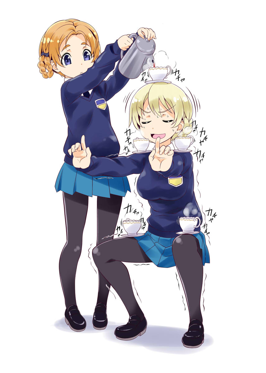 2girls, :/, balancing, blazer, blonde_hair, blue_skirt, blush, braid, closed_eyes, cup, darjeeling, drunken_master, expressionless, full_body, girls_und_panzer, hair_ribbon, highres, index_finger_raised, jackie_chan, loafers, military, motion_lines, multiple_girls, nagayori, necktie, open_mouth, orange_pekoe, pantyhose, parody, pleated_skirt, ribbon, saucer, school_uniform, shoes, short_hair, simple_background, skirt, smile, squatting, steam, sweat, tea, teacup, teapot, tree, uniform, white_background