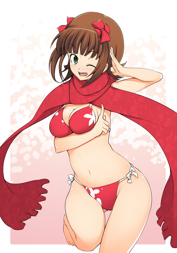 bikini, blush, brown_hair, green_eyes, idolmaster, kazuto_san, legs, scarf, short_hair, side-tie_bikini, solo, swimsuit, thighs, wink