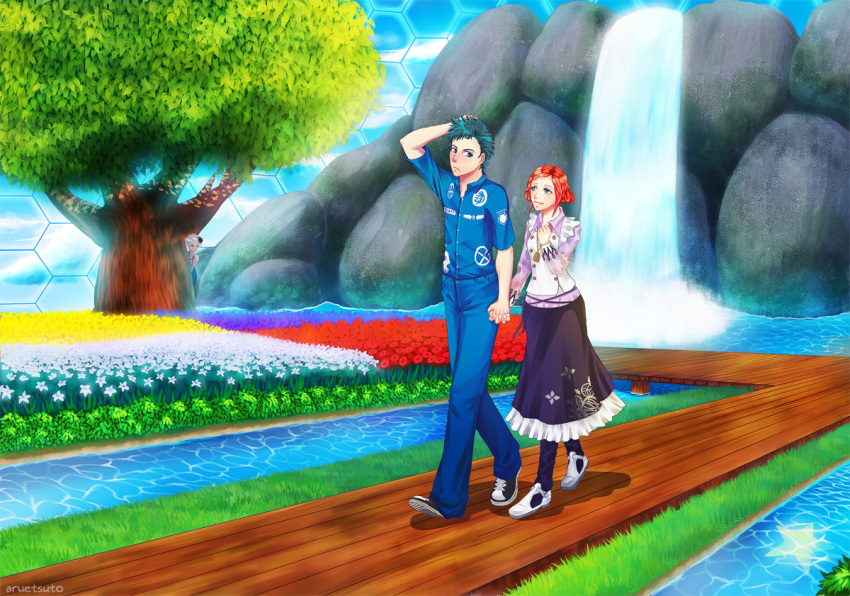 1boy, 2girls, artist_name, aruetsuto, black_hair, blue_eyes, blue_pants, eye_contact