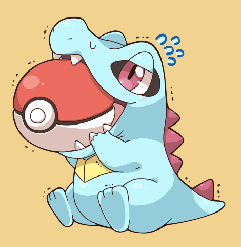 2027_(submarine2027), biting, fangs, flying_sweatdrops, lowres, no_humans, open_mouth, poke_ball, pokemon, pokemon_(creature), red_eyes, simple_background, sitting, tail, teeth, totodile