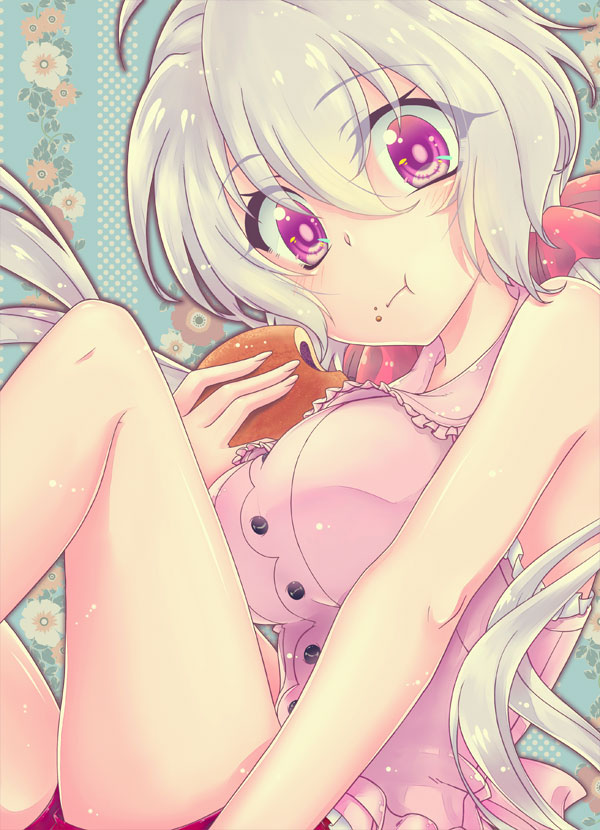 1girl, bare_shoulders, breasts, eating, food, food_on_face, gachimatsu, large_breasts