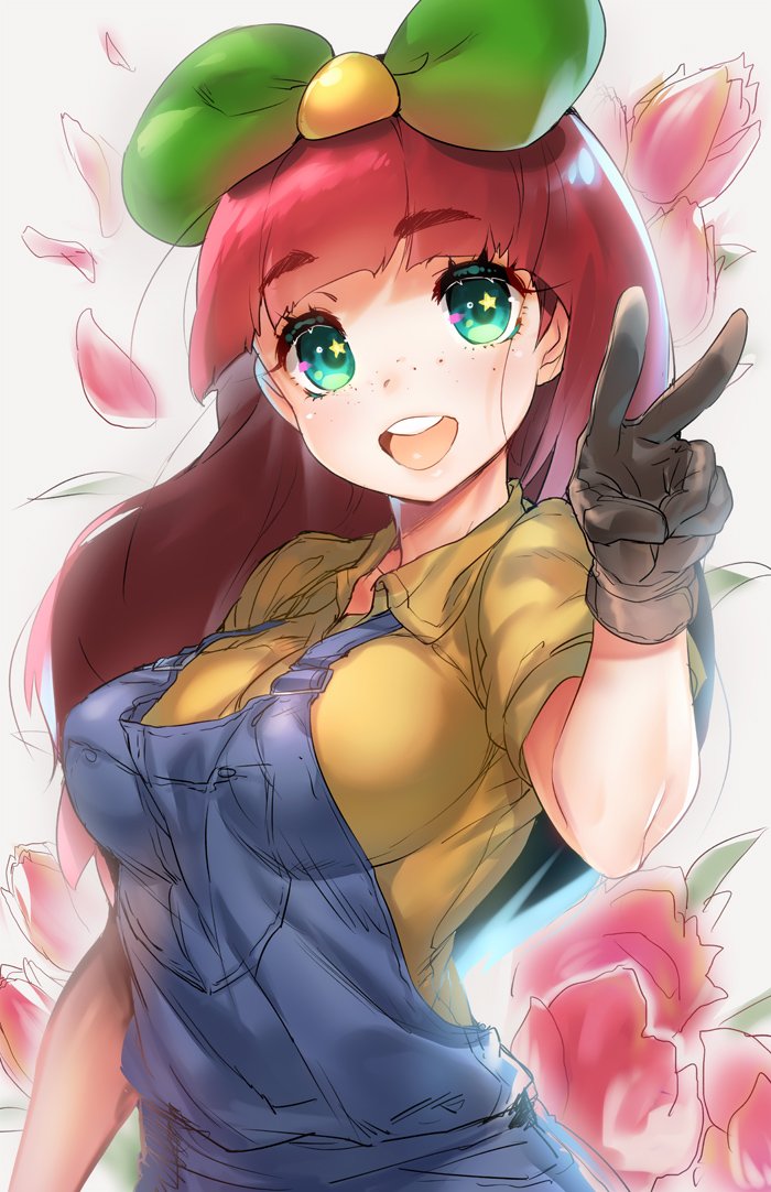 1girl, :d, bangs, blunt_bangs, blush, breasts, brown_gloves, collared_shirt