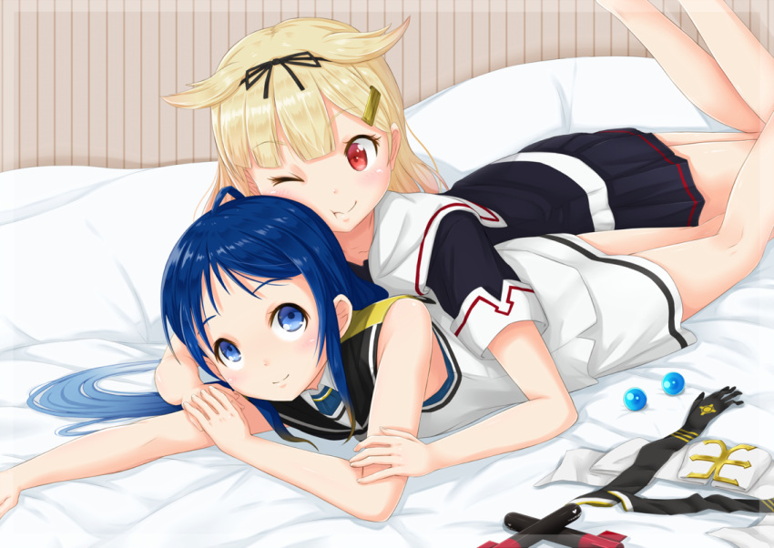 2girls, ;t, ahoge, ammunition, bangs, bare_arms, bare_shoulders, barefoot