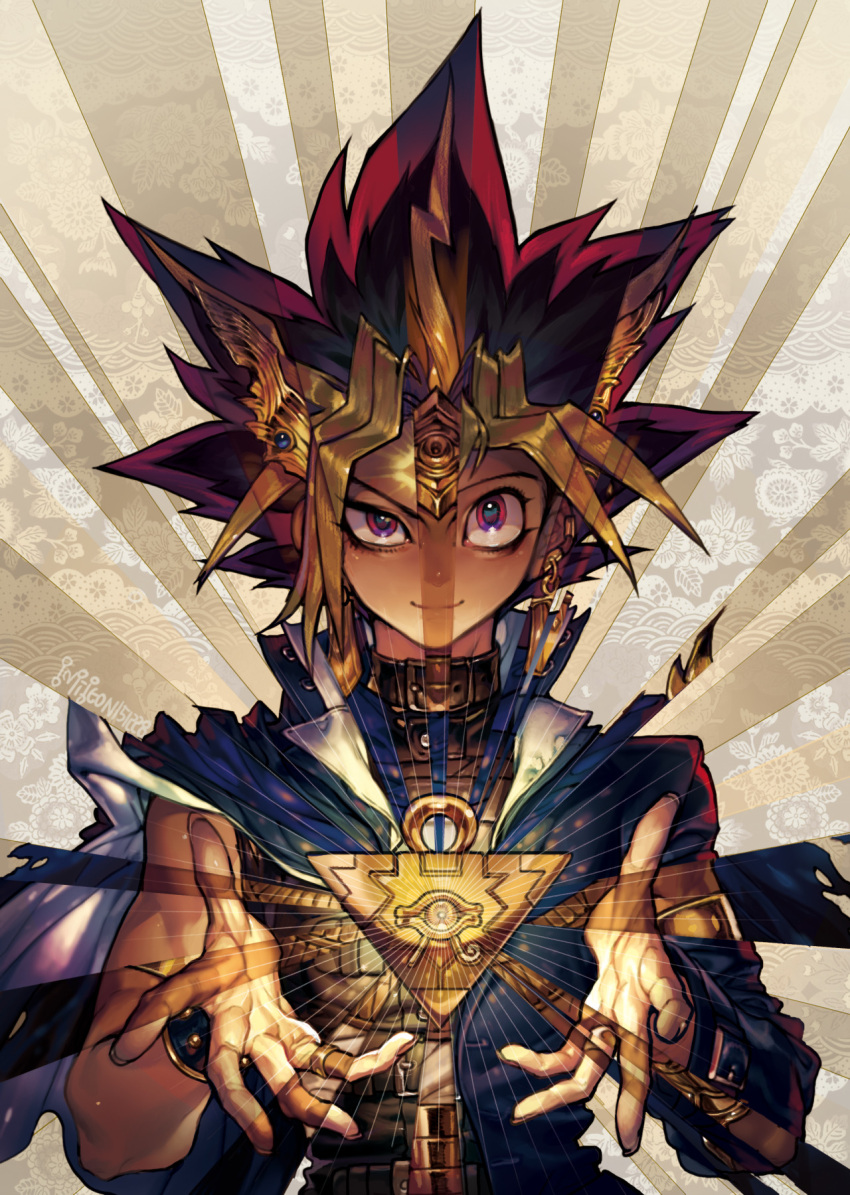 2016, 3boys, atem, belt, black_hair, blonde_hair, dated, earrings