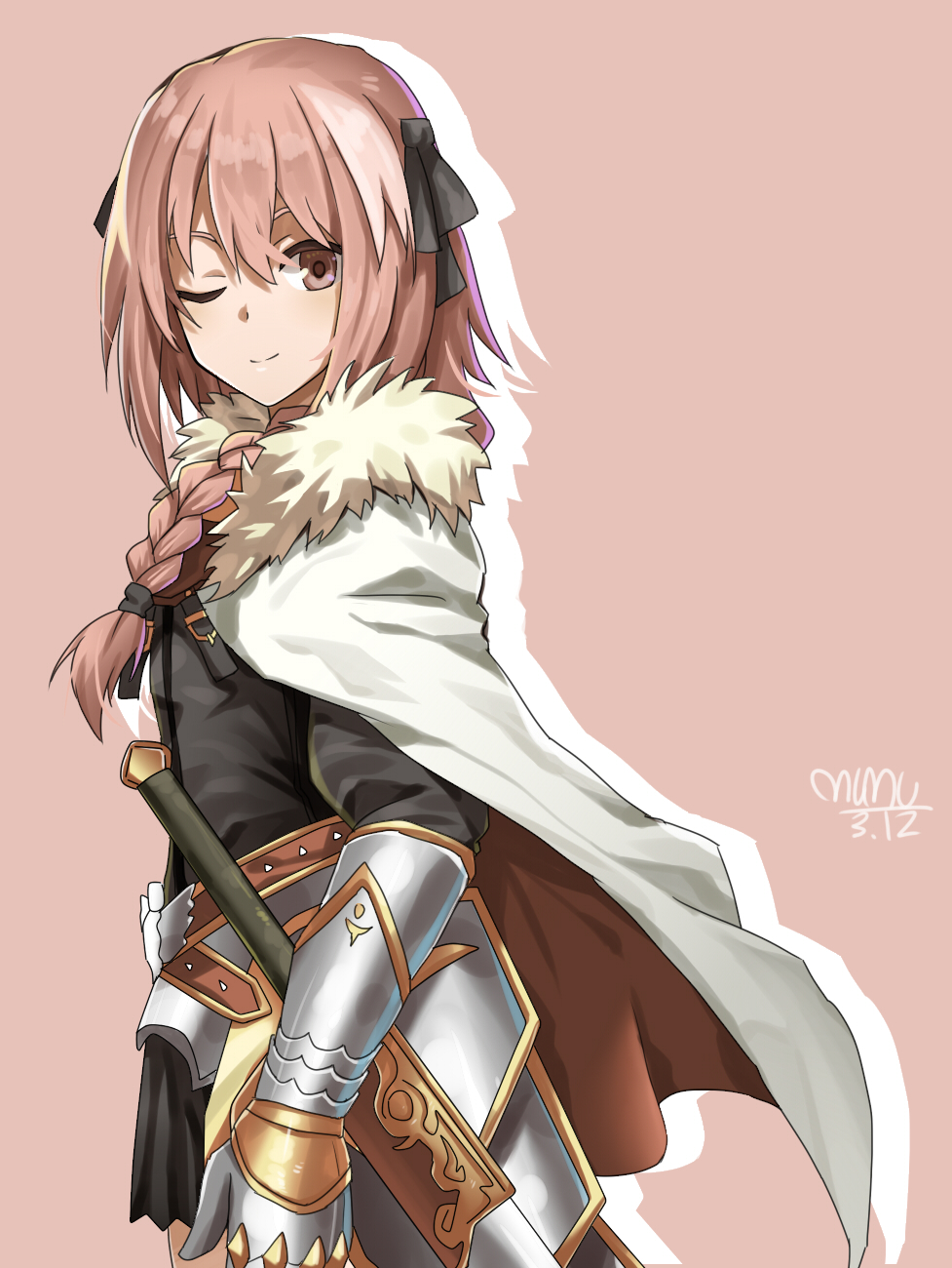 1boy, ;), armor, braid, cape, fate/apocrypha, fate_(series), fur_trim, gauntlets, hair_ribbon, highres, makise_medaka, male_focus, one_eye_closed, otoko_no_ko, pink_eyes, pink_hair, ribbon, rider_of_black, single_braid, smile, sword, weapon