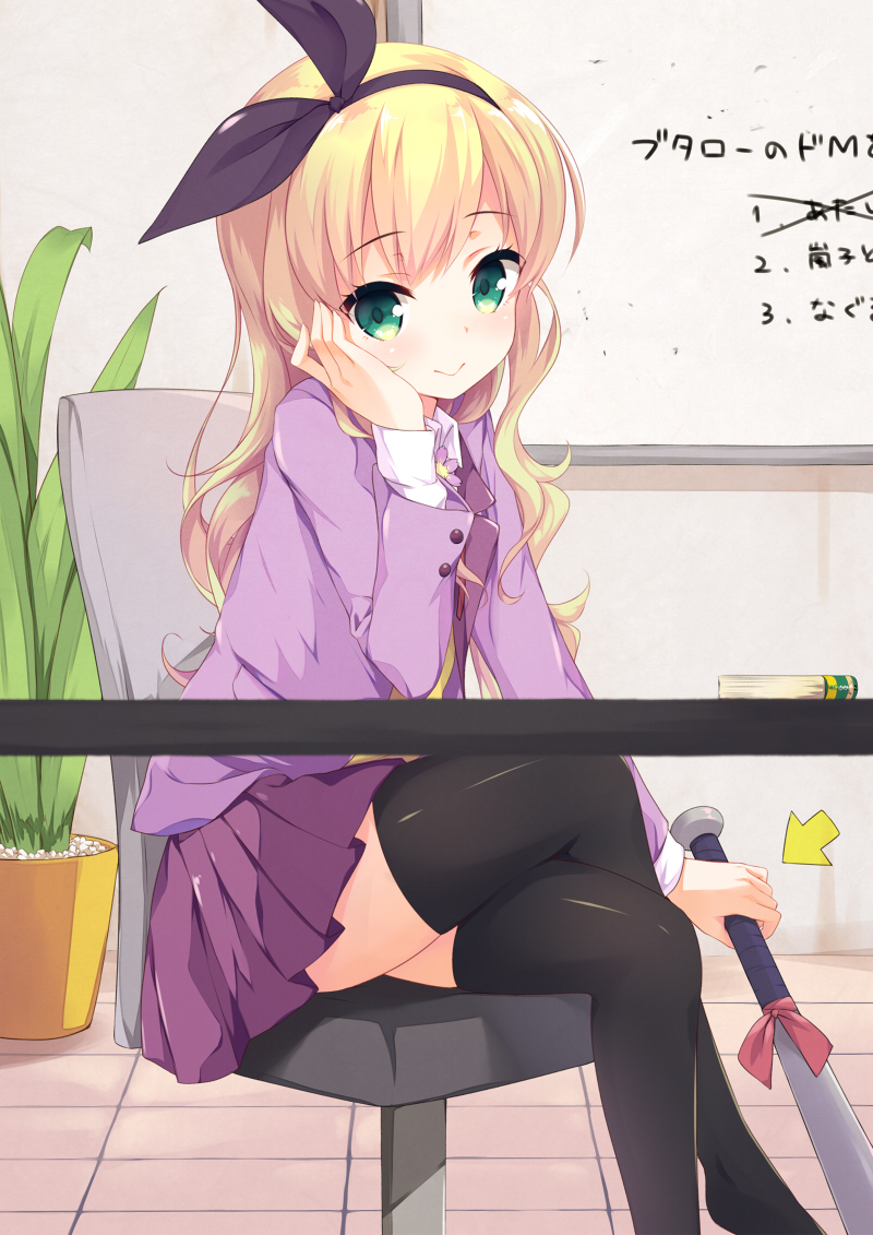 1girl, :>, bangs, baseball_bat, black_legwear, blonde_hair, book, chair