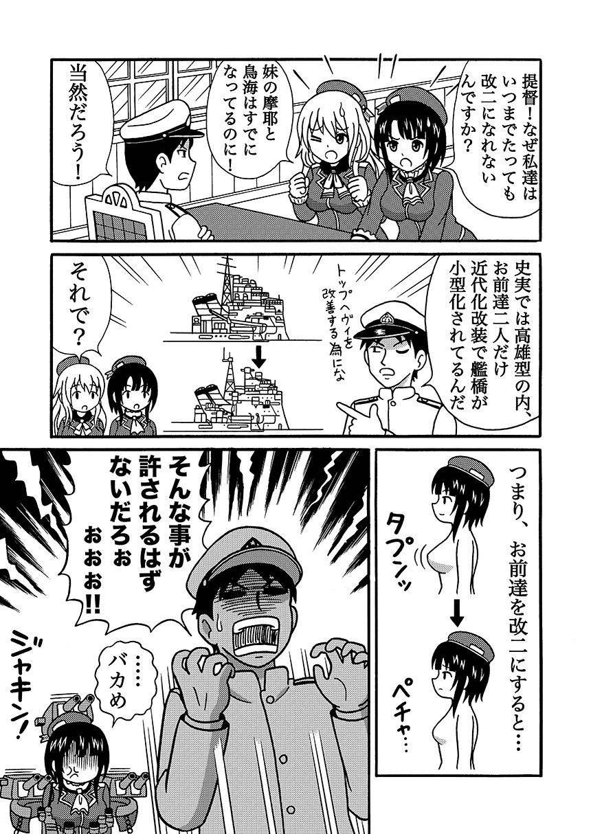 anger_vein, ascot, atago_(kantai_collection), beret, breasts, comic, commentary_request, hat