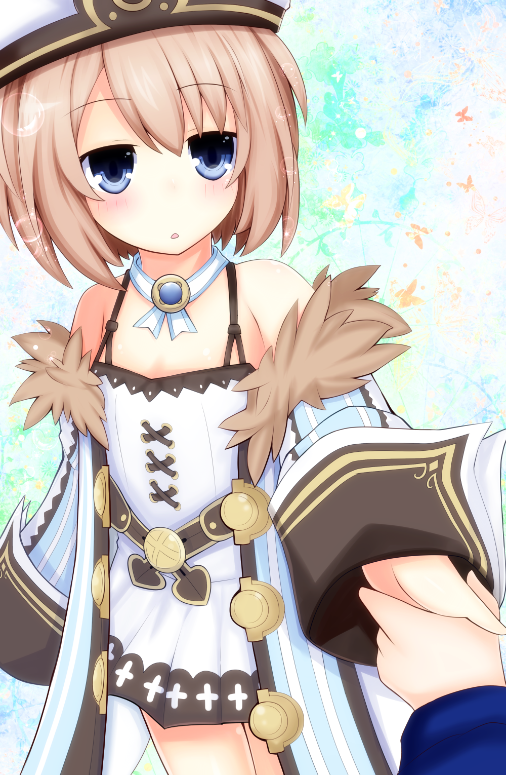 1girl, bare_shoulders, blanc, blue_eyes, blush, brown_hair, fur_trim, haru_blanc0316, hat, highres, holding_hands, looking_at_viewer, neptune_(series), open_mouth, short_hair, solo
