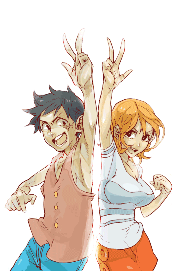 bad_id, black_hair, breasts, koko_(artist), koko_(coco_-_coco), large_breasts, male, monkey_d_luffy, nami, one_piece, orange_hair, scar, short_hair, v