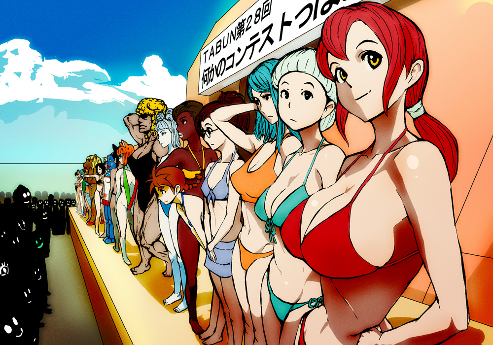 blue_hair, breasts, contest, dark_skin, huge_breasts, kuruma_hajime, large_breasts, original