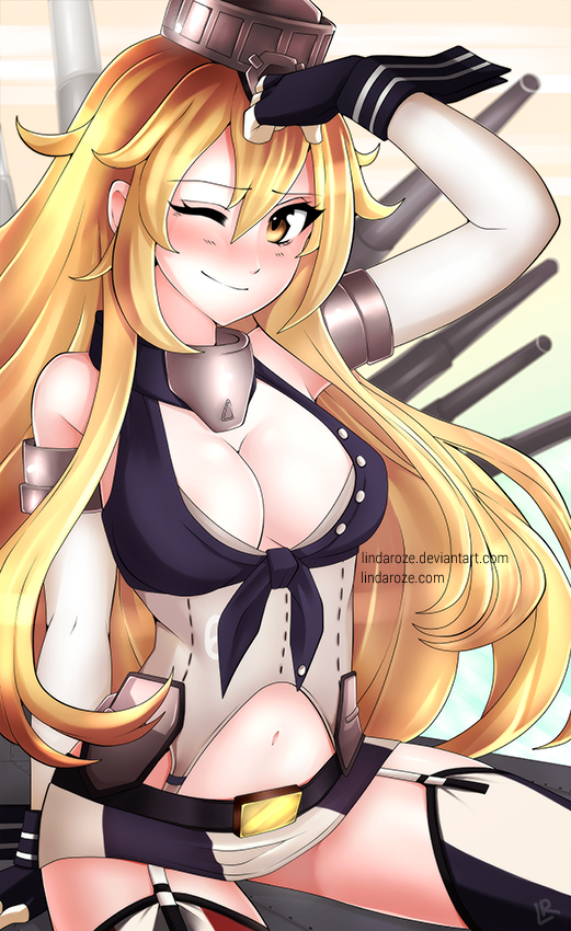 1girl, alina_pegova, blonde_hair, breasts, cleavage, dojikko_pose, elbow_gloves, garter_straps