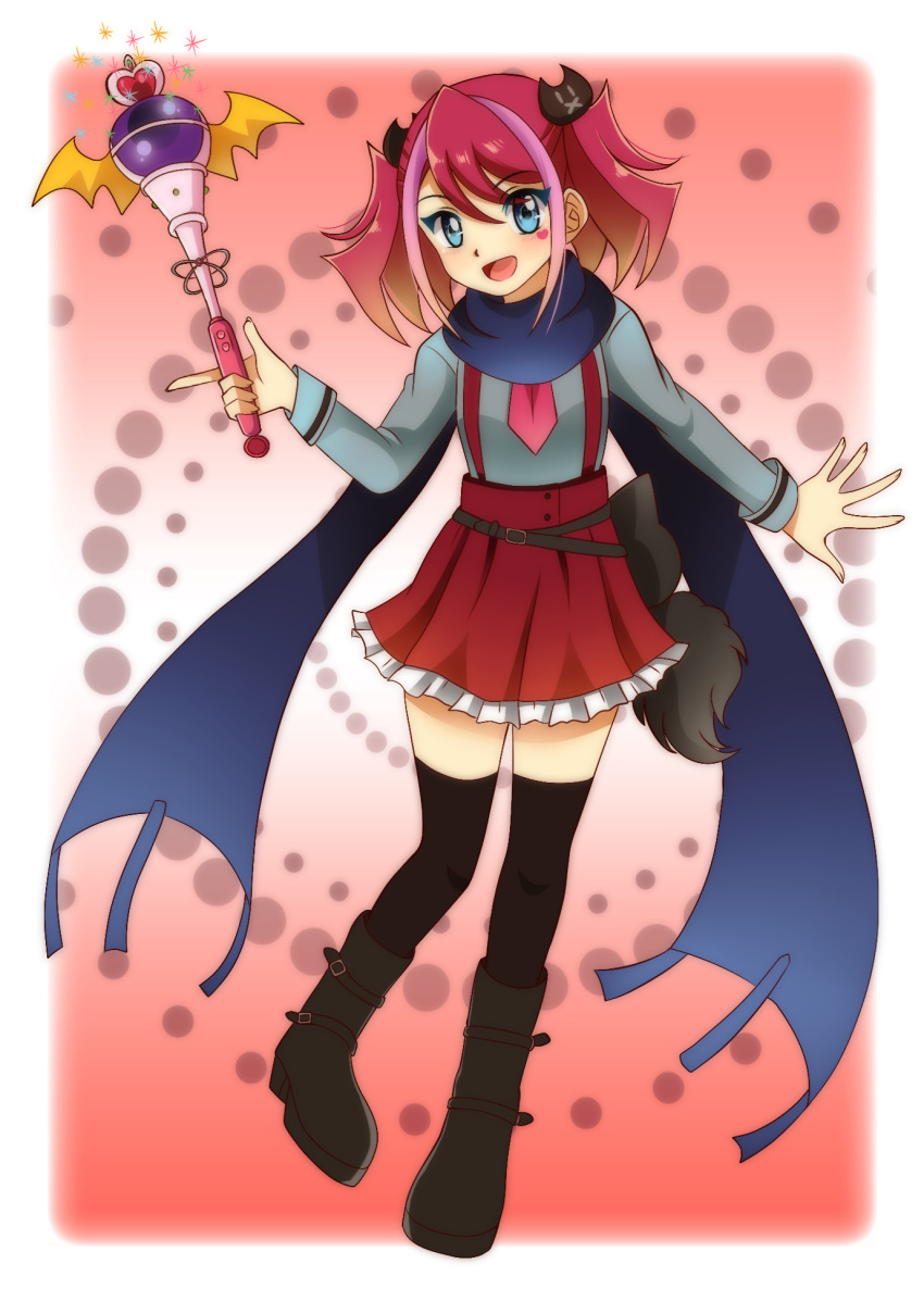 1girl, blue_eyes, boots, caro-xy, chuunibyou_demo_koi_ga_shitai!, cosplay, female, gradient_hair, highres, hiiragi_yuzu, multicolored_hair, pink_hair, scarf, shichimiya_satone, shichimiya_satone_(cosplay), short_hair, solo, thigh-highs, thigh_boots, twintails, two-tone_hair, wand, yuu-gi-ou, yuu-gi-ou_arc-v