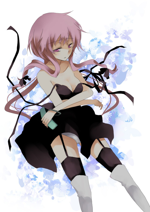 bare_shoulders, black_dress, butterfly, cellphone, dress, e-kiasanyagi, garter_belt, gasai_yuno