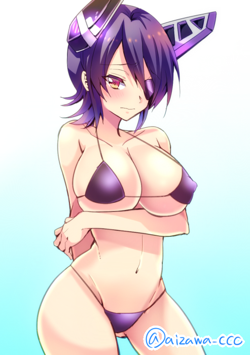 1girl, bikini, black_hair, chihiro_(oimo), eyepatch, kantai_collection, short_hair, swimsuit