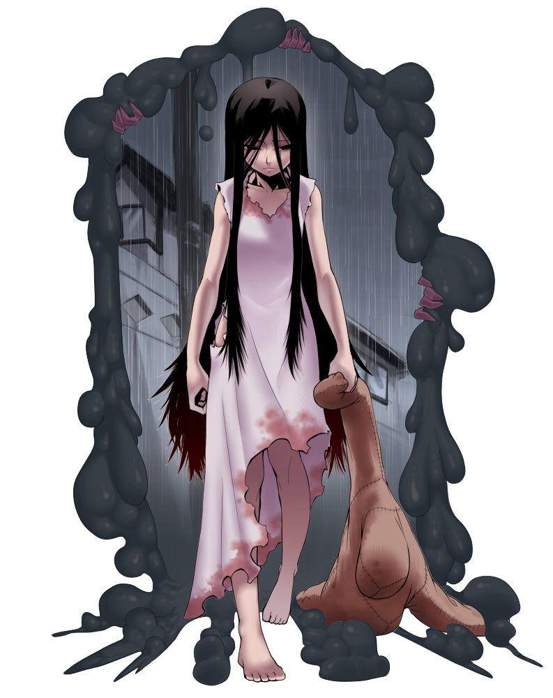 1girl, barefoot, black_eyes, black_hair, dress, flat_chest, hair_over_shoulder, hikiko-san_(tokyo_tenma), long_hair, rain, sidelocks, solo, space_jin, stuffed_toy, through_screen, tokyo_tenma, tokyo_tenma:_devil_slave, torn_clothes, torn_dress, very_long_hair, walking, wet