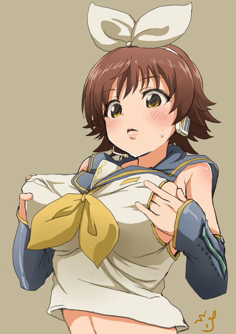 1girl, breasts, brown_eyes, brown_hair, cosplay, detached_sleeves, honda_mio, idolmaster