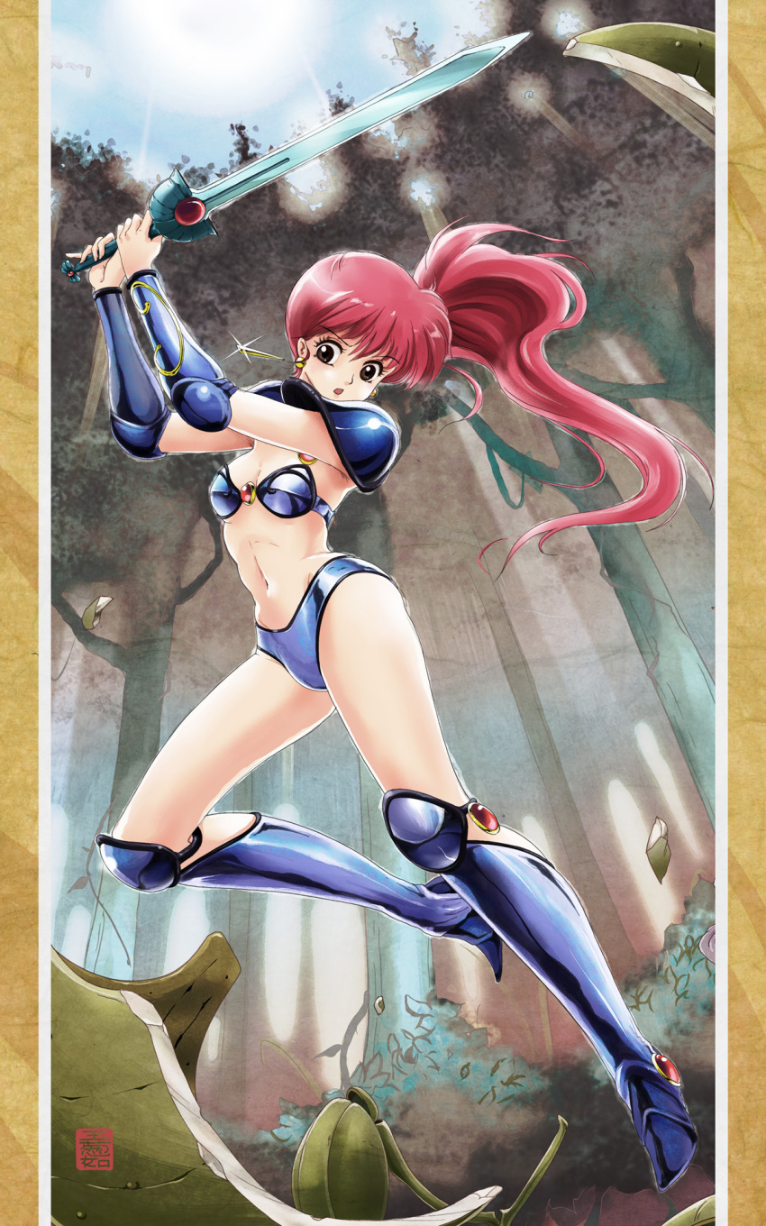 1girl, armor, arms_up, asagiri_youko, bangs, bikini_armor, bikini_top, blue_sky