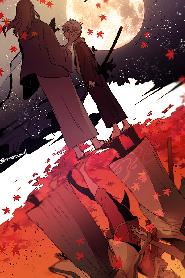autumn_leaves, bokken, different_reflection, full_moon, gintama, japanese_clothes, kagura_(gintama), long_hair