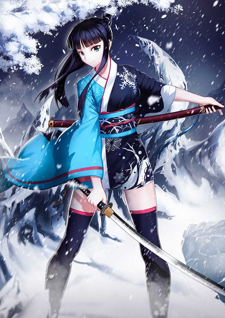 1girl, aqua_eyes, black_hair, japanese_clothes, katana, kxxxxxxxxxxx, long_hair, original