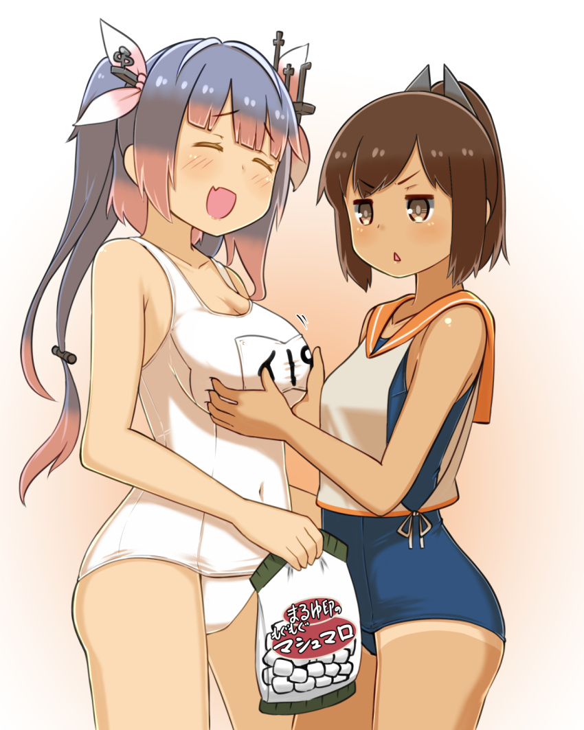 >:<, 2girls, :d, bag, bare_shoulders, bikini, blue_hair, blush