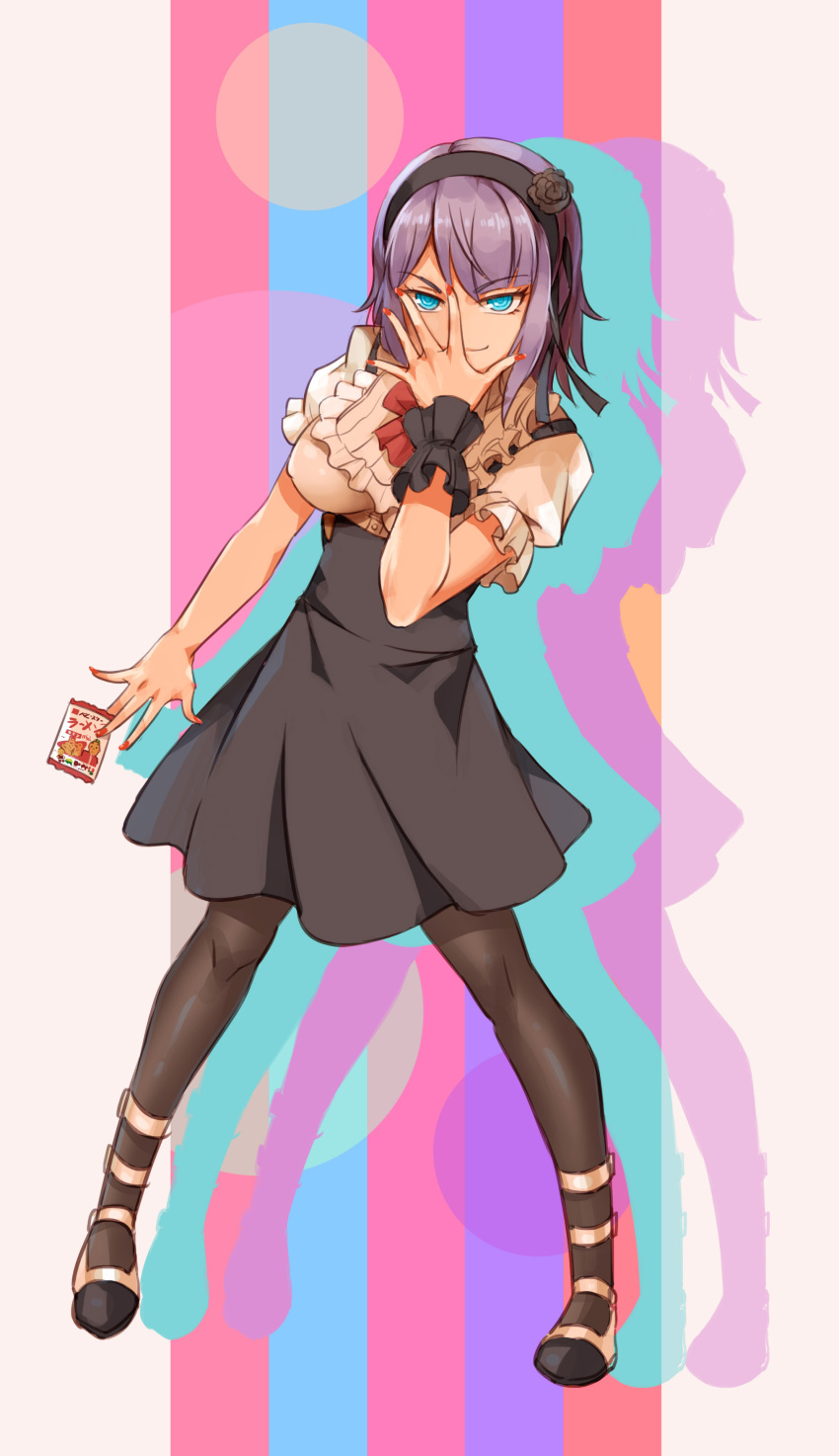 1girl, absurdres, bag, black_legwear, black_rose, blue_eyes, blush, breasts, dagashi_kashi, flower, hair_flower, hair_ornament, hair_ribbon, hairband, hand_in_front_of_face, high-waist_skirt, highres, jojo_no_kimyou_na_bouken, jojo_pose, large_breasts, looking_at_viewer, pantyhose, parody, pose, purple_hair, ribbon, ringed_eyes, rose, shidare_hotaru, short_hair, skirt, smile, solo, vycma