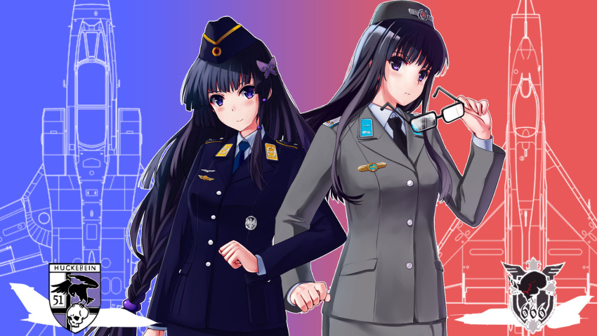 2girls, beatrix_bremer, black_necktie, buttons, cowboy_shot, expressionless, formal, glasses