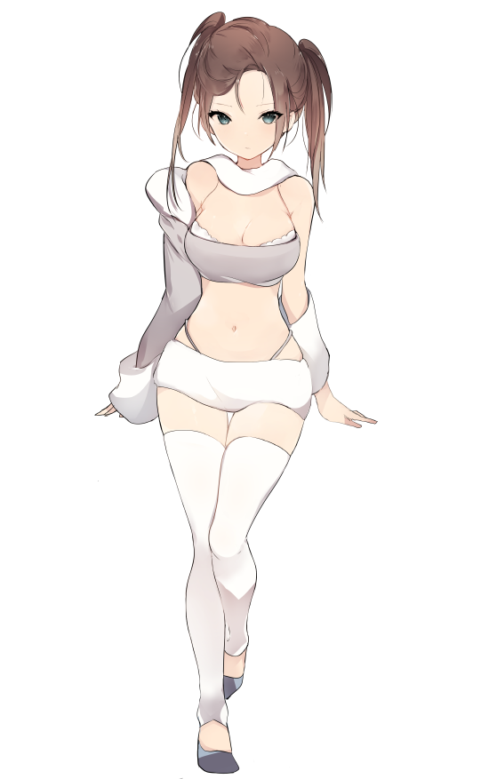 1girl, arms_at_sides, asymmetrical_hair, bandeau, bare_shoulders, blue_eyes, breasts, brown_eyes