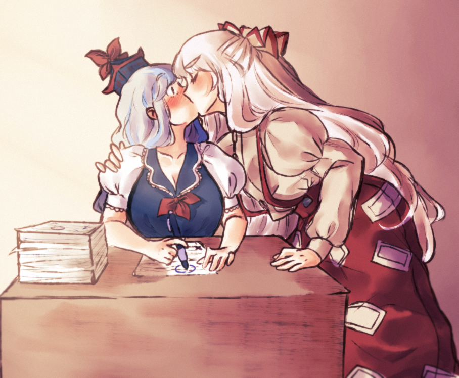 2girls, blue_dress, blue_eyes, blue_hair, blush, bow, closed_eyes, desk