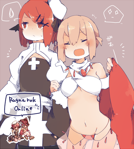 bikini_bottom, blonde_hair, bow, brown_eyes, closed_eyes, coat, commentary_request, cross, dancer_(ragnarok_online)_(cosplay), dress, hair_bow, hair_ornament, jewelry, locked_arms, navel, necklace, open_mouth, orange_hair, original, pepekekeko, priest_(ragnarok_online)_(cosplay), ragnarok_online, spoken_sweatdrop, sweatdrop, translation_request