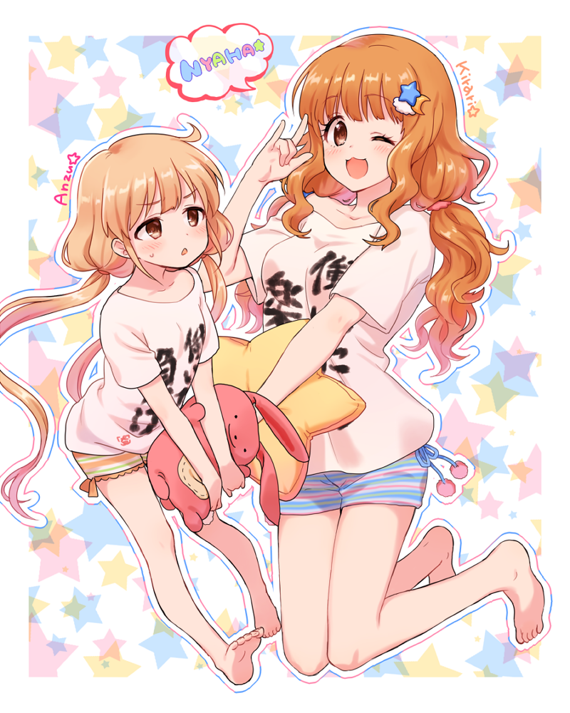 2girls, :3, ;d, \m/, barefoot, bike_shorts, blonde_hair, blue21
