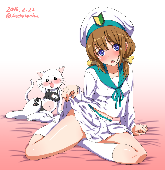 1girl, arm_support, batsubyou, blue_eyes, blush, brown_hair, cat, cat_lingerie