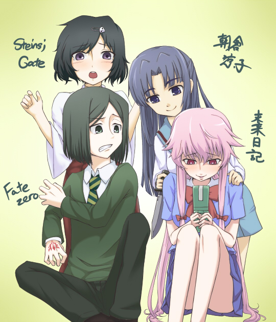 2boys, 2girls, asakura_ryouko, blue_eyes, blue_hair, cellphone, fate/zero, fate_(series)