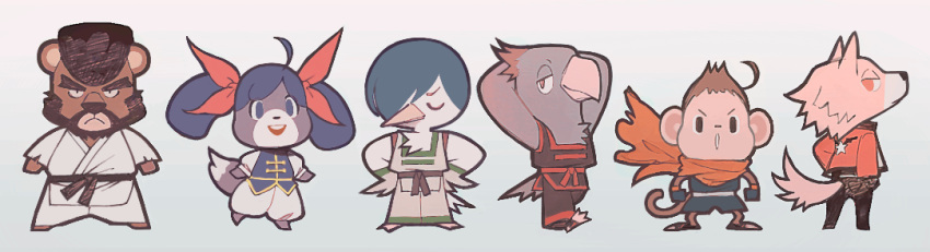 1girl, 6+boys, animal, animal_ears, bear, beard, bird, black_hair
