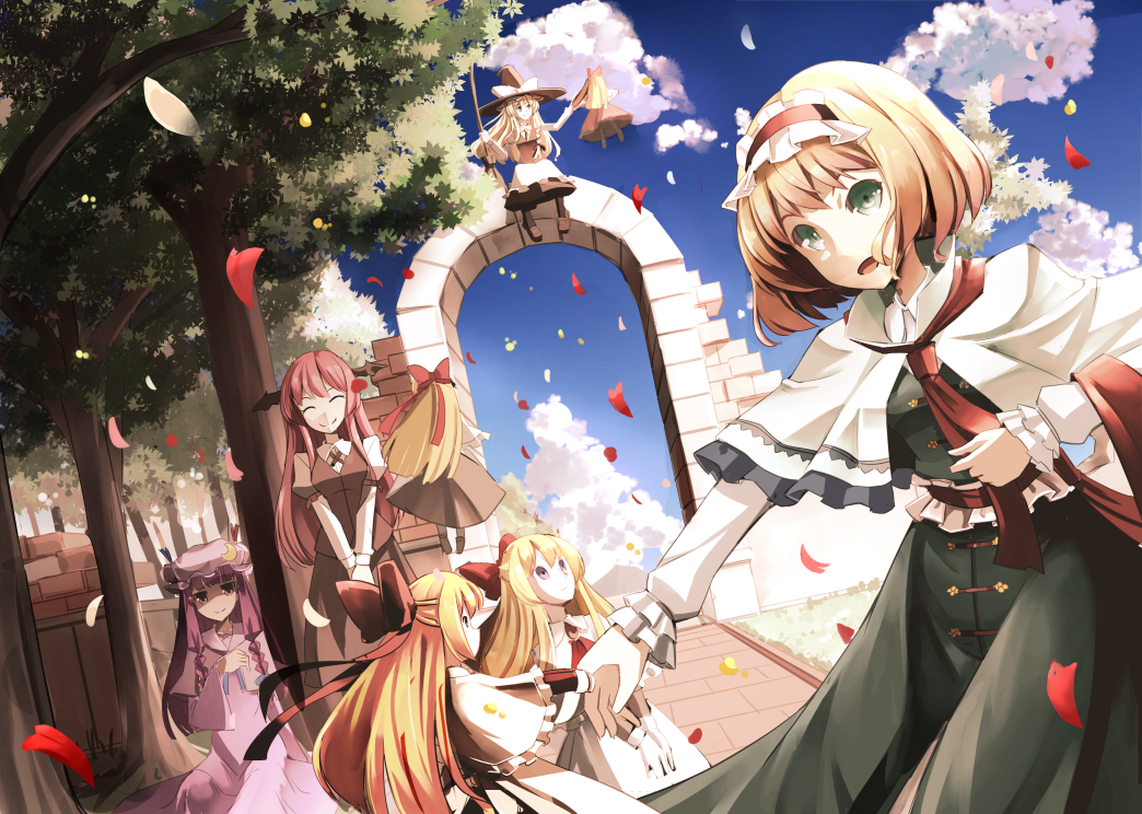4girls, alice_margatroid, apron, blonde_hair, broom, capelet, clere, clouds