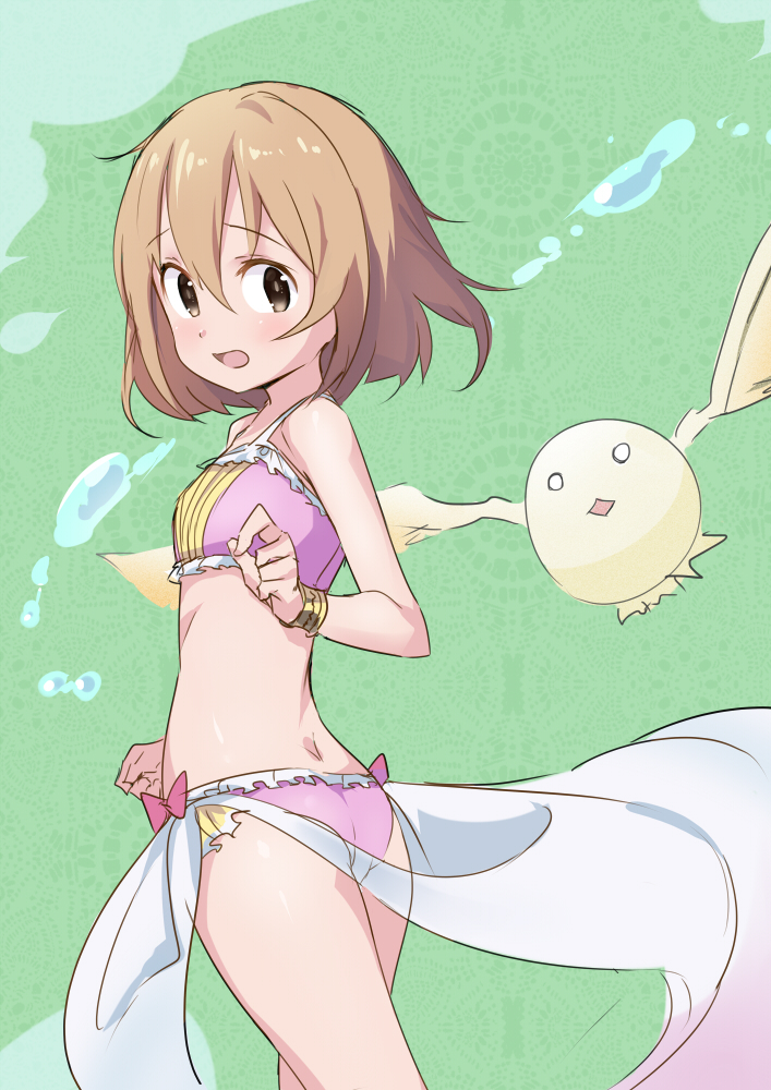 1girl, ass, bikini, bracelet, brown_eyes, brown_hair, character_request, from_behind, hanami_yuzuka, jewelry, looking_back, mahou_shoujo_nante_mou_ii_desukara., open_mouth, pink_bikini, saiste, short_hair, showgirl_skirt, smile, swimsuit, water, wind, wind_lift