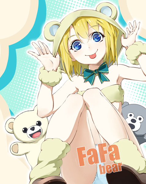 1girl, :p, bear_hood, blonde_hair, blue_eyes, original, panties, short_hair