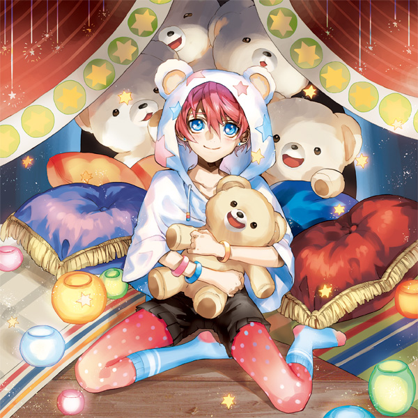 1boy, androgynous, bear_hood, blue_eyes, blush, male_focus, pillow, pink_hair, short_hair, shorts, smile, snuggle_(brand), snuggle_bear, stuffed_animal, stuffed_toy, teddy_bear, tibino